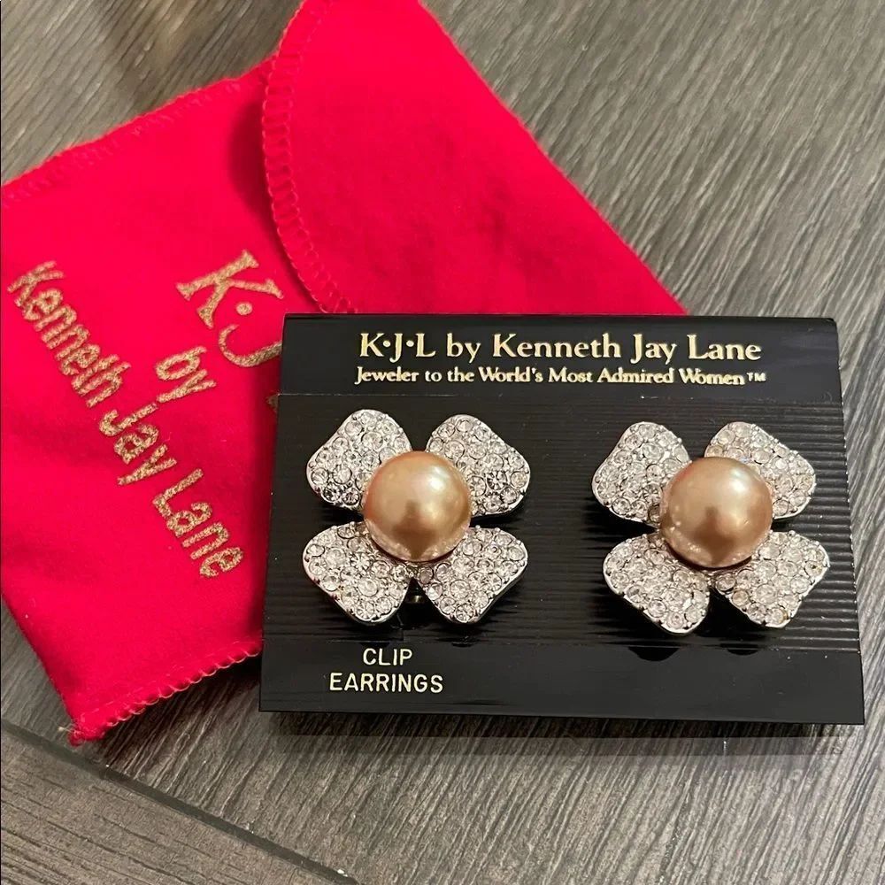 Vintage KJL Kenneth J Lane Rhinestone Pearl Flower Clip Earrings Dogwood Flower